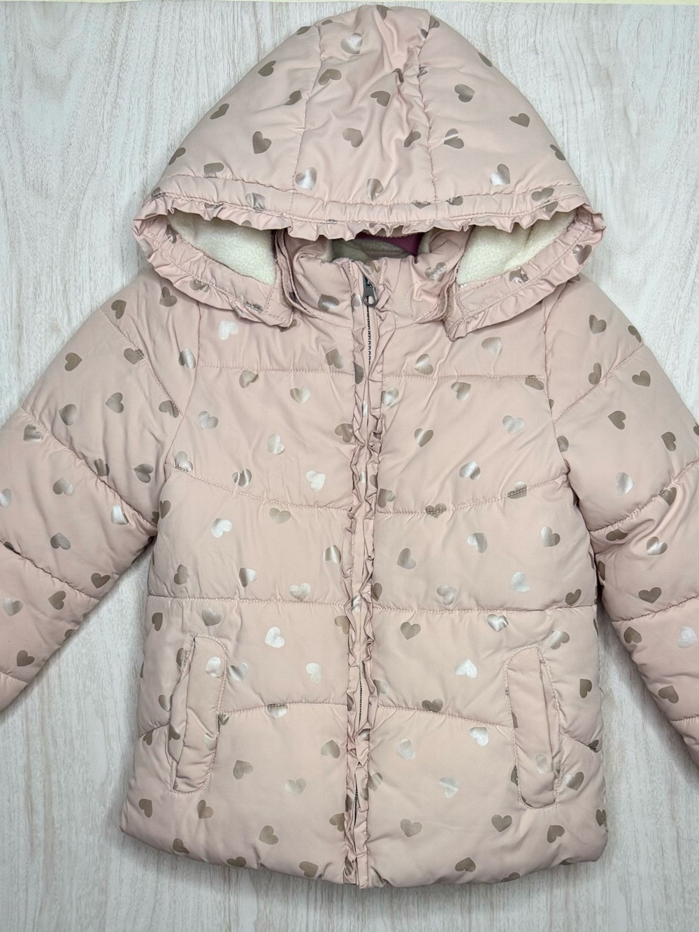 H&M Light Pink Hooded Puffer Jacket with Metallic Heart Print size 6/7
